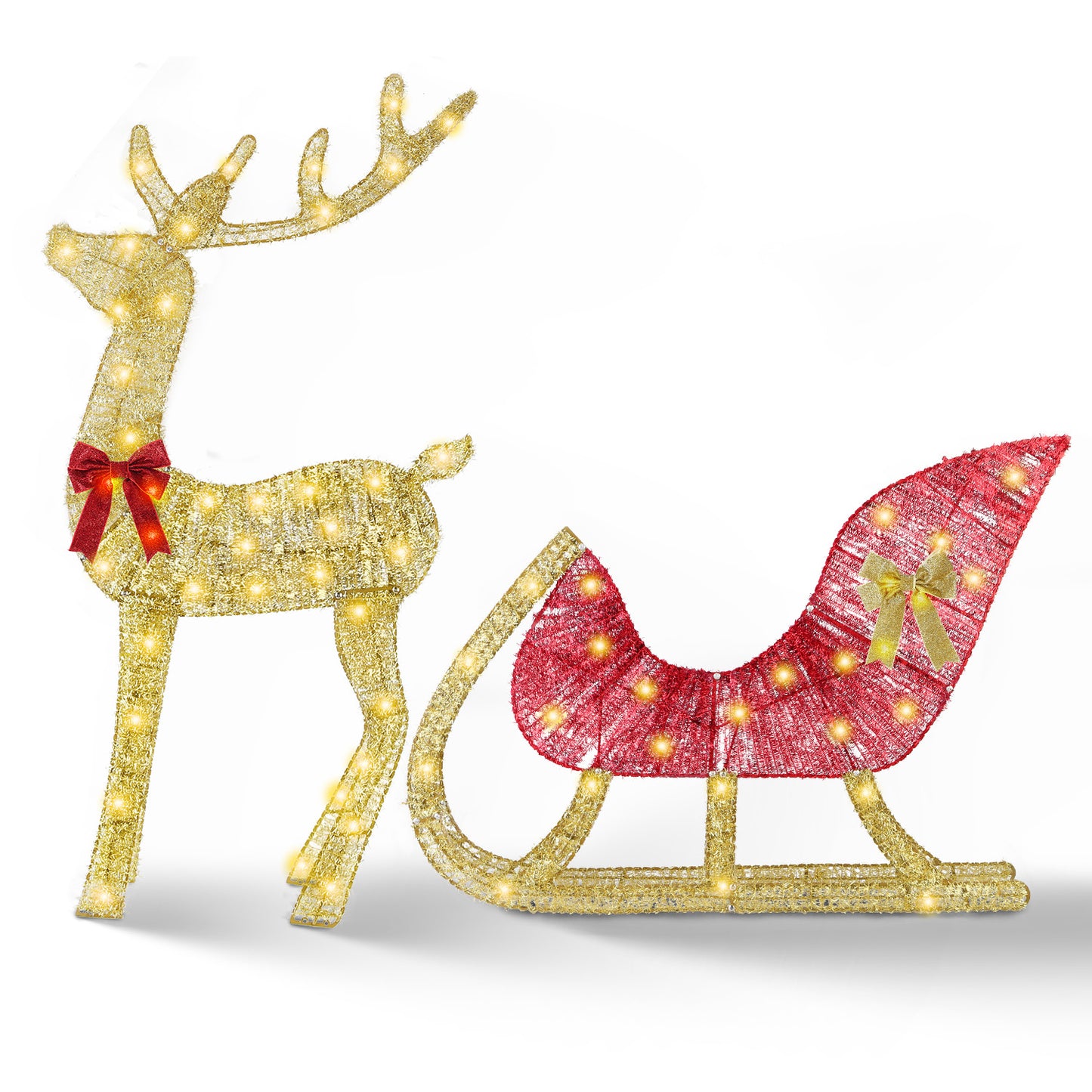 Decorative lighted Christmas reindeer and red sleigh with bows holiday decoration