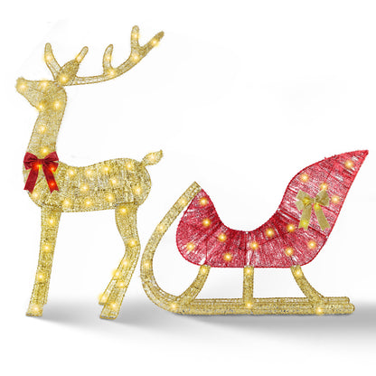 Decorative lighted Christmas reindeer and red sleigh with bows holiday decoration