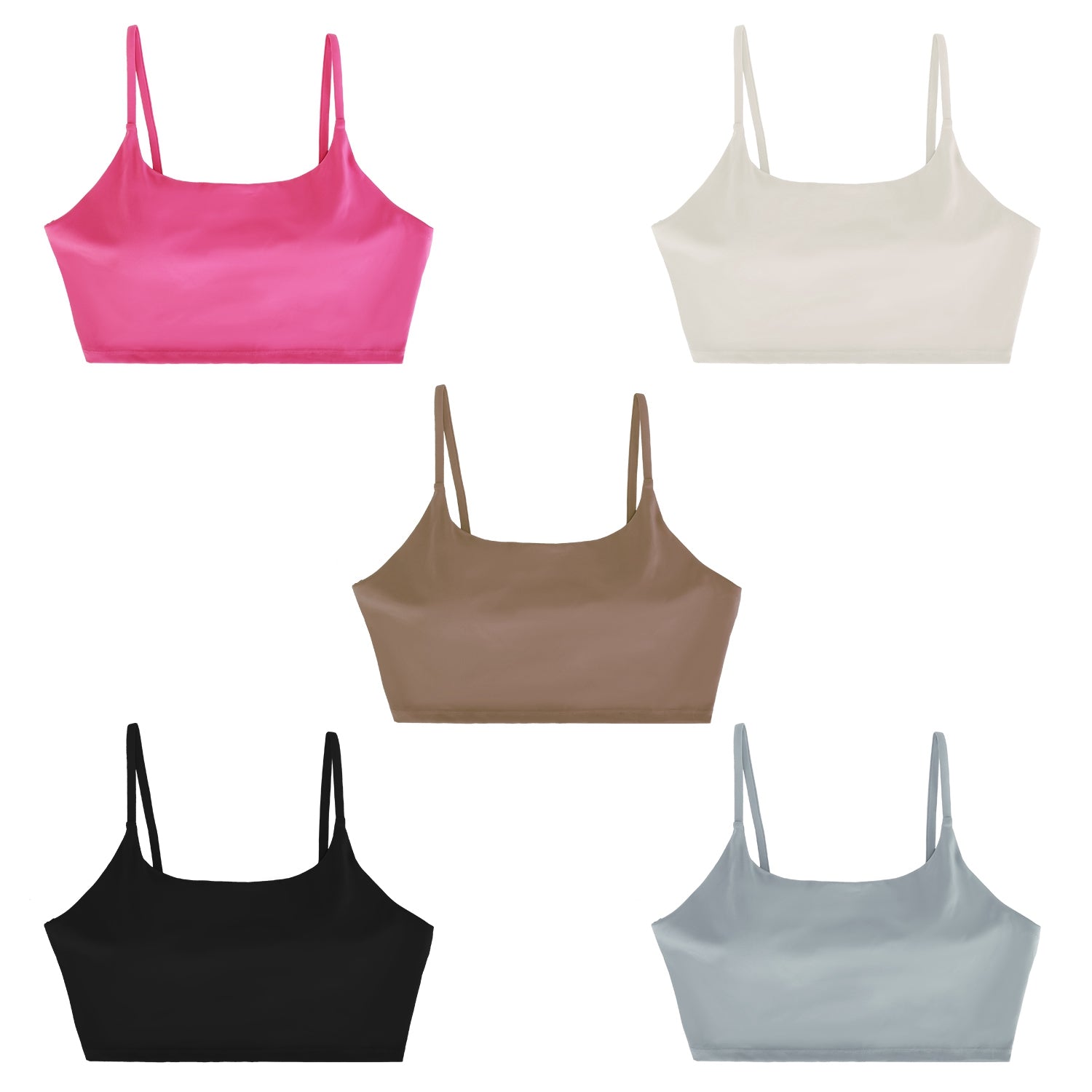 Set of five women's square neck sports bras in rose red, white, brown, black, and light blue colors