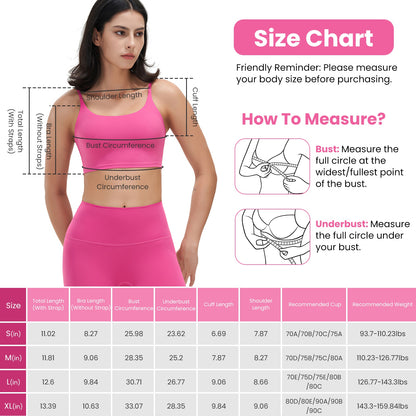 Woman wearing rose-red square neck sports bra with measurement guide and detailed size chart