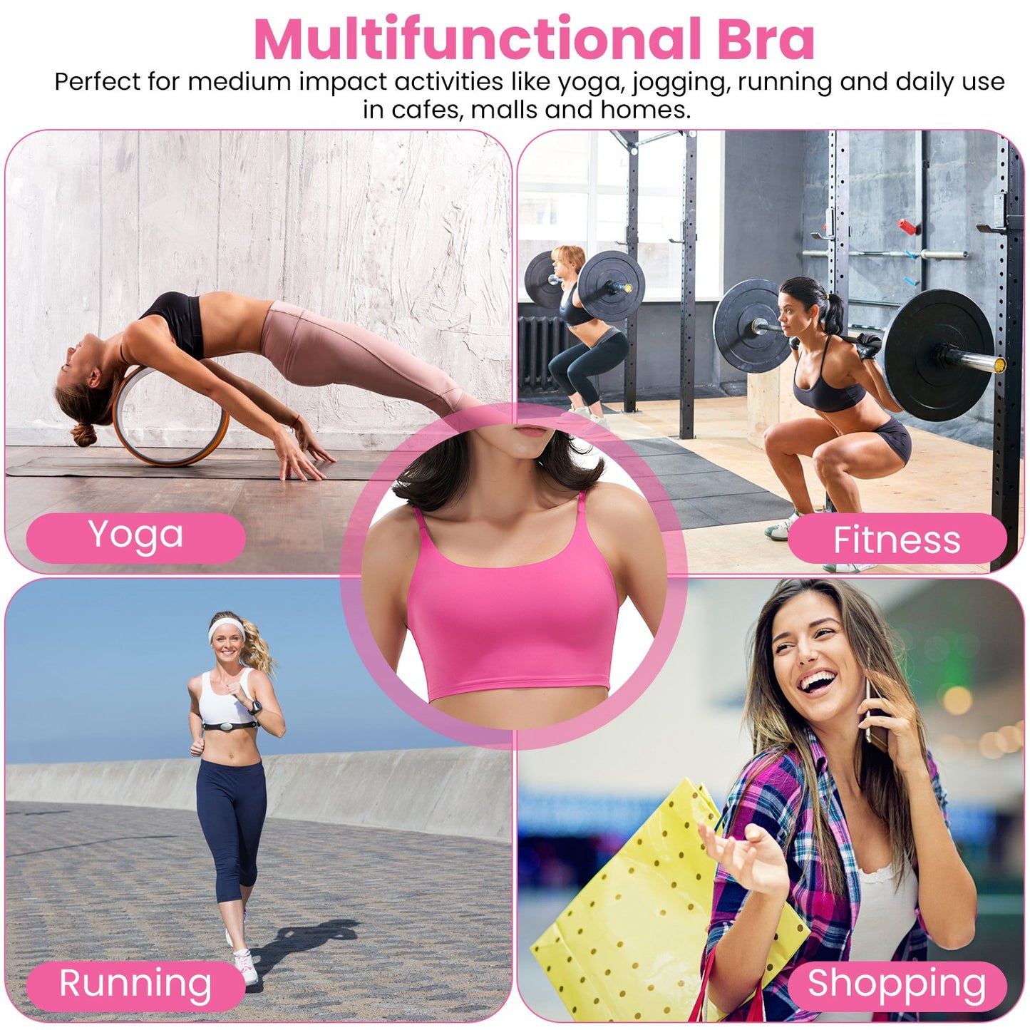 Multifunctional sports bra shown for yoga, fitness, running, and shopping with active women