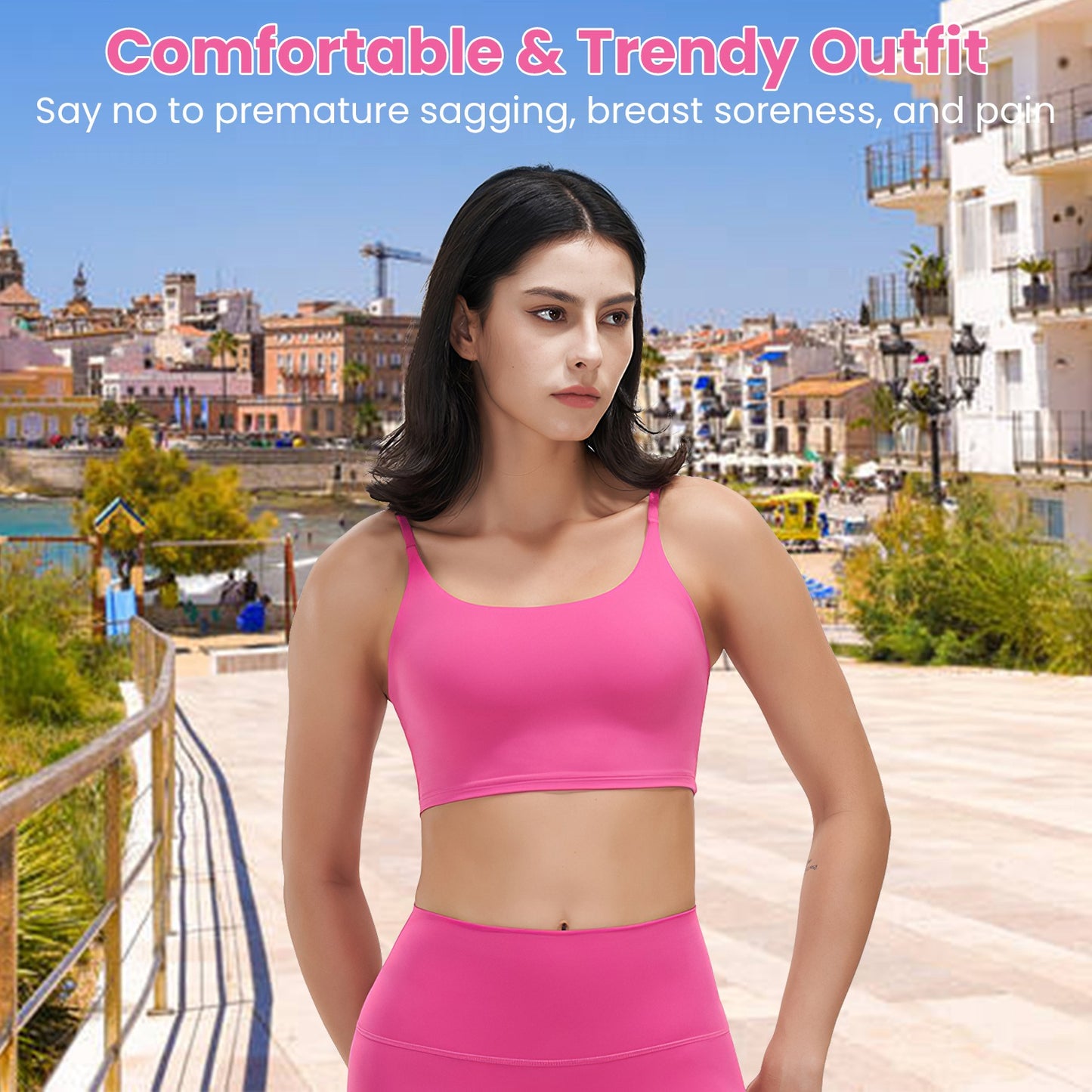 woman wearing pink square neck padded sports bra and matching leggings in urban outdoor setting