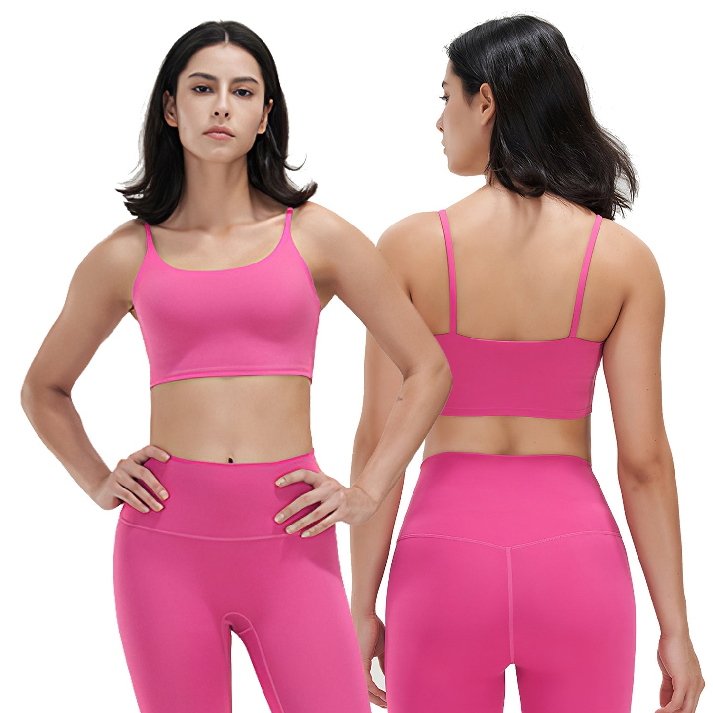 Woman wearing rose red square neck padded sports bra and matching high-waist leggings, front and back view