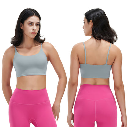 Front and back view of woman wearing light gray square neck sports bra and bright pink high-waisted leggings