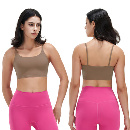 Front and back view of woman wearing brown square neck padded sports bra and bright pink high-waist leggings