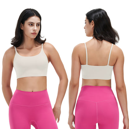 Woman modeling beige square neck sports bra and bright pink high-waisted leggings front and back view