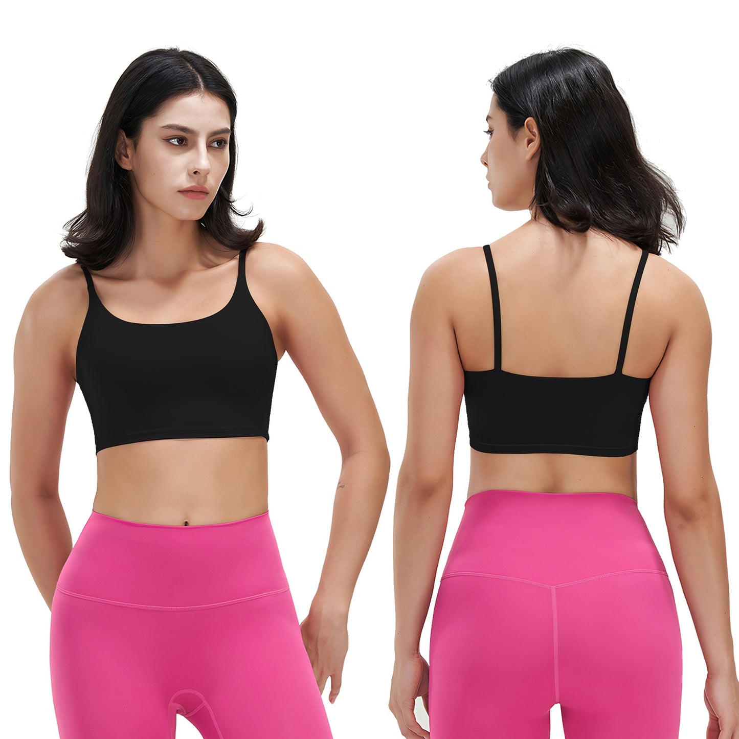 Front and back views of woman wearing black square neck sports bra and bright pink leggings