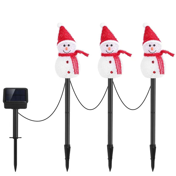 Solar-powered Christmas snowman stake lights with red hats and scarves, waterproof outdoor decoration