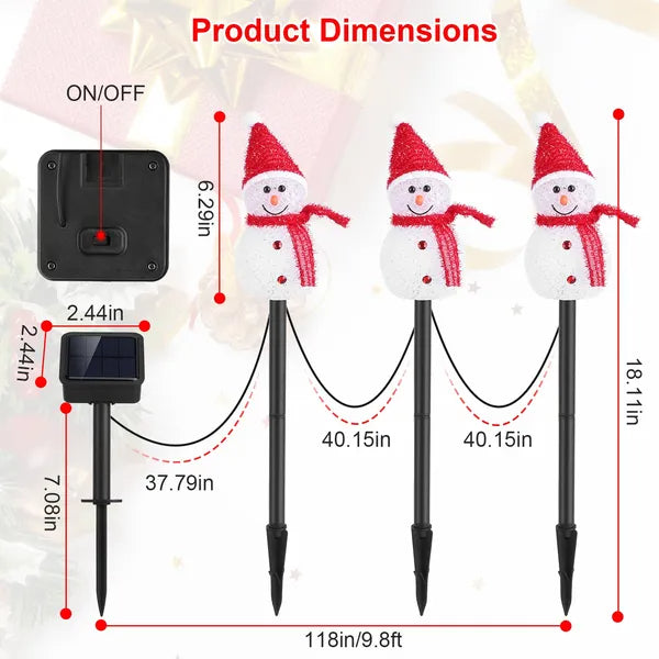 Solar-powered stake lights with three smiling snowmen wearing red hats and scarves, waterproof outdoor decoration