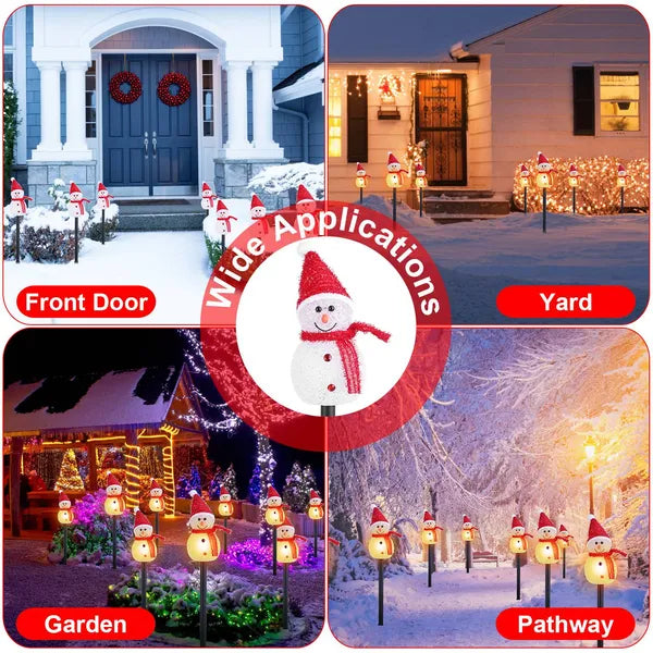 Solar-powered LED snowman stake lights in snowy front door, yard, garden, and pathway holiday decorations