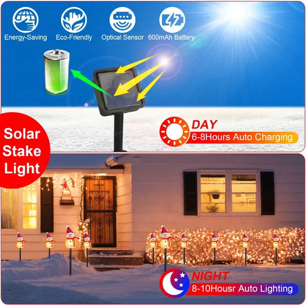 Solar stake light charging during day and illuminating snowman decorations in snowy front yard at night