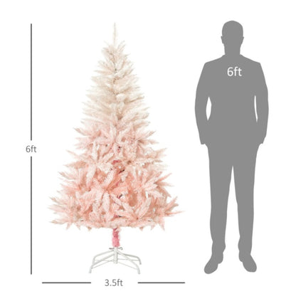 7ft pink ombre artificial Christmas tree with 3.5ft width and metal stand beside 6ft silhouette