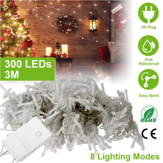300 LED 3M waterproof string lights with warm white bulbs, perfect for Christmas and outdoor decoration