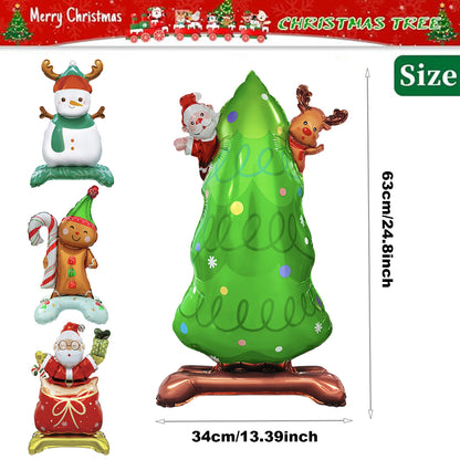 Christmas foil balloons including a decorated Christmas tree with Santa and reindeer, snowman, gingerbread man, and Santa in sack, 63x34cm