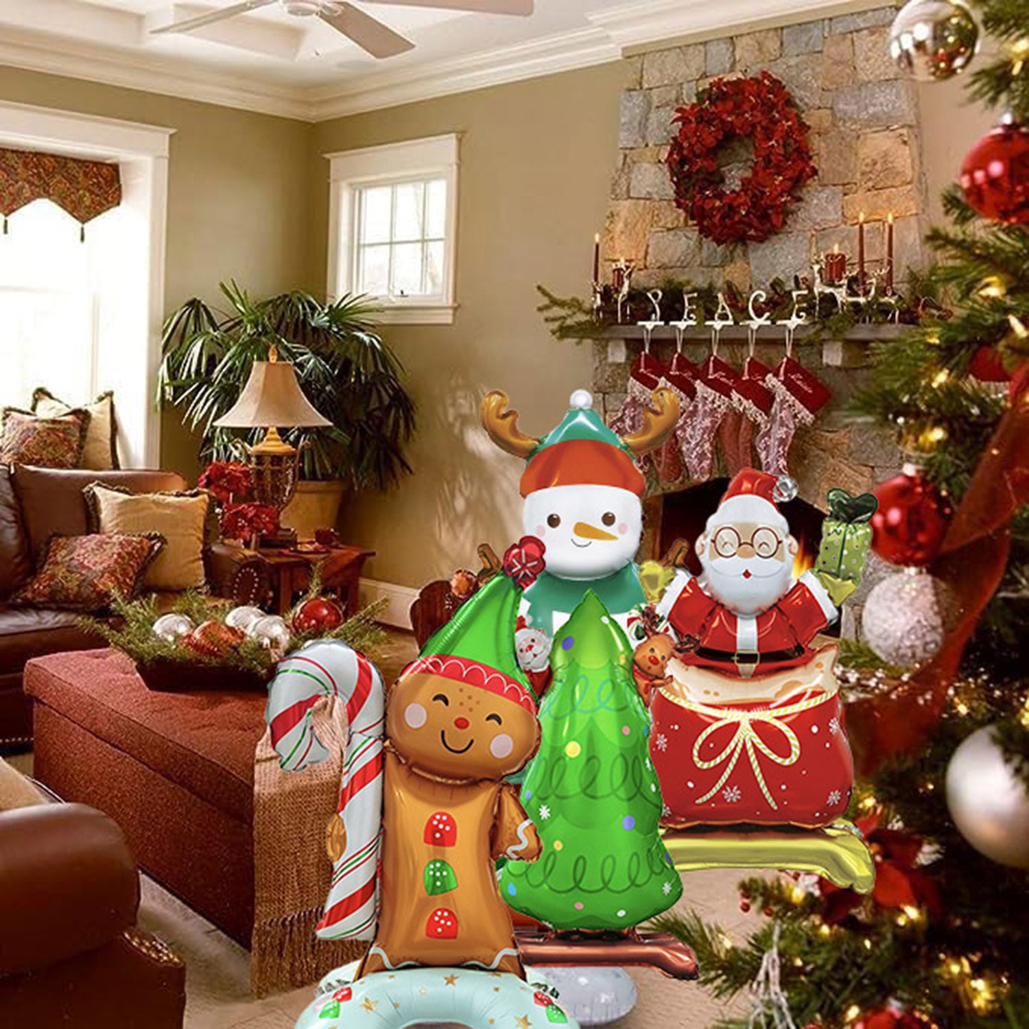Christmas-themed foil balloons including gingerbread man, candy cane, snowman, Christmas tree, and Santa Claus in festive living room