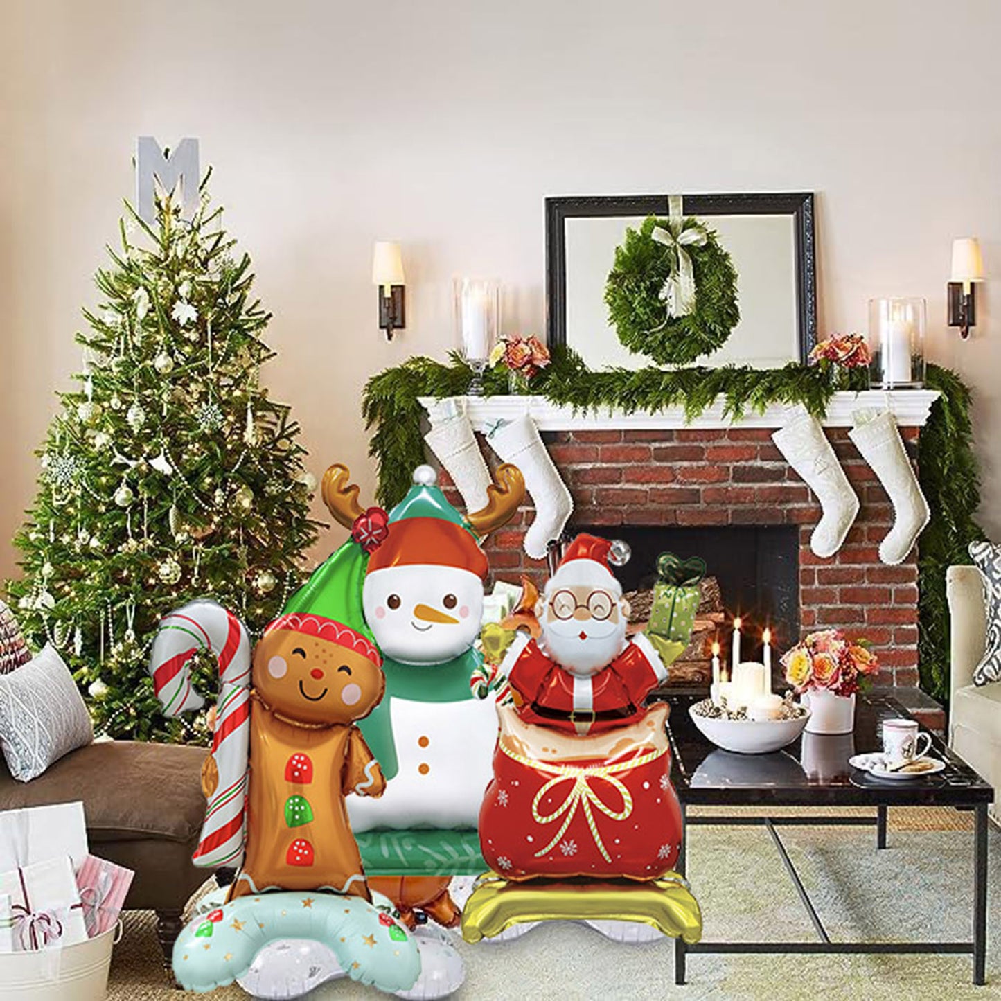 Festive living room with decorated Christmas tree, fireplace with stockings, and Christmas character foil balloons