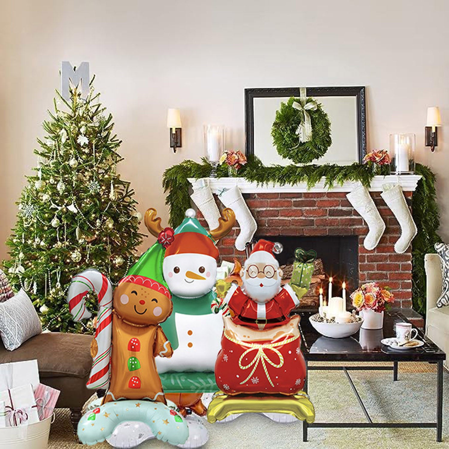 Festive living room with decorated Christmas tree, fireplace with stockings, and Christmas character foil balloons