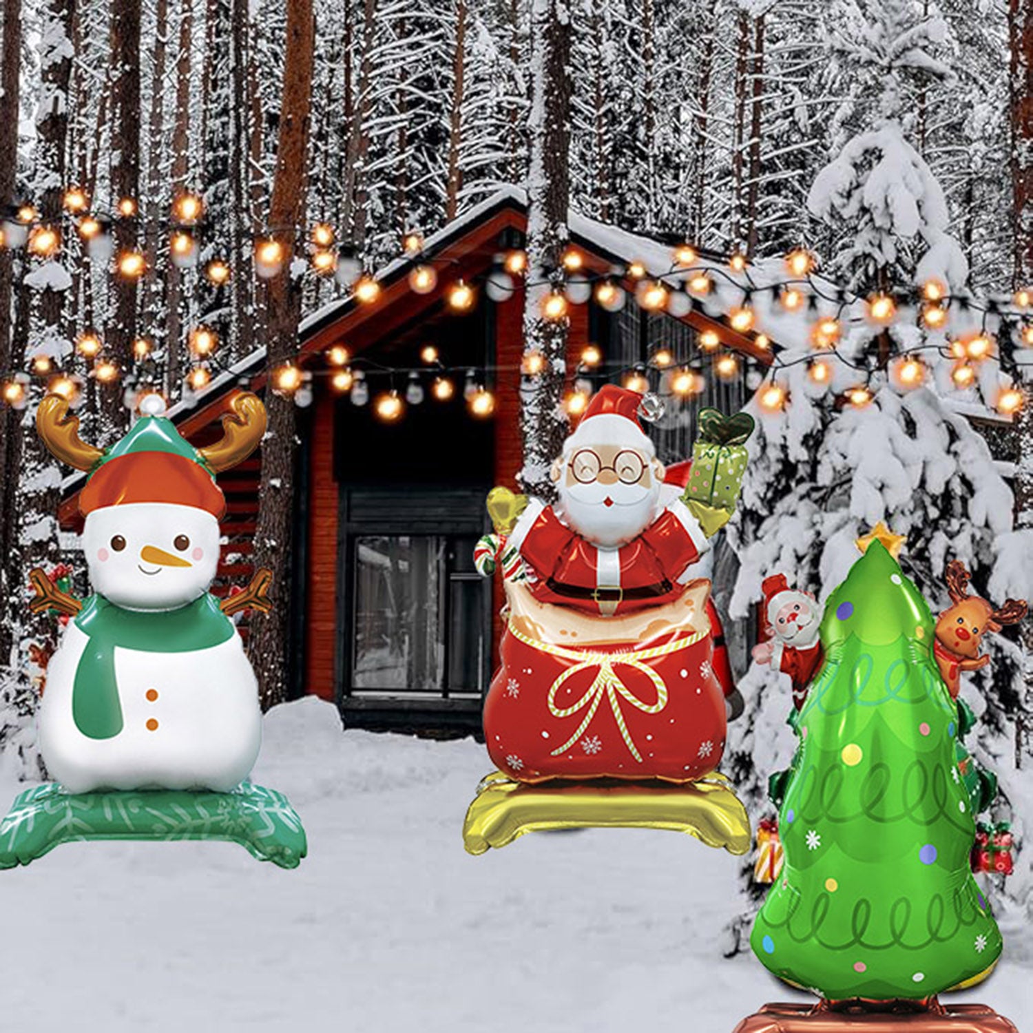 Christmas-themed foil balloons including snowman, Santa in sack, and decorated tree in snowy forest scene