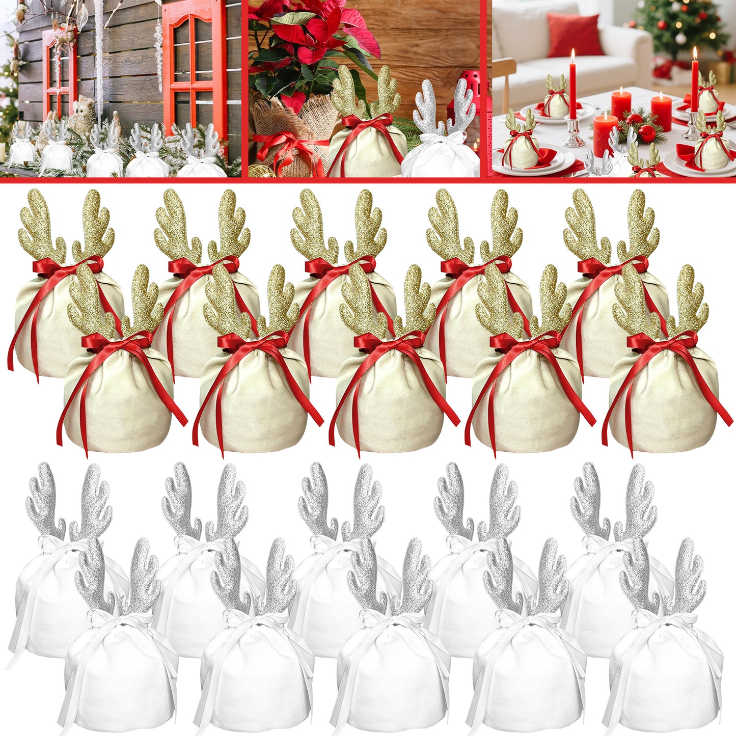 Khaki and white fabric Christmas gift bags with glitter reindeer antlers and red or white ribbons