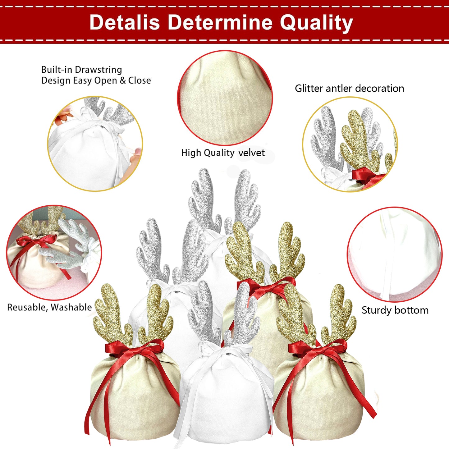Christmas fabric gift bags in white and khaki with glitter antler decorations and red ribbons