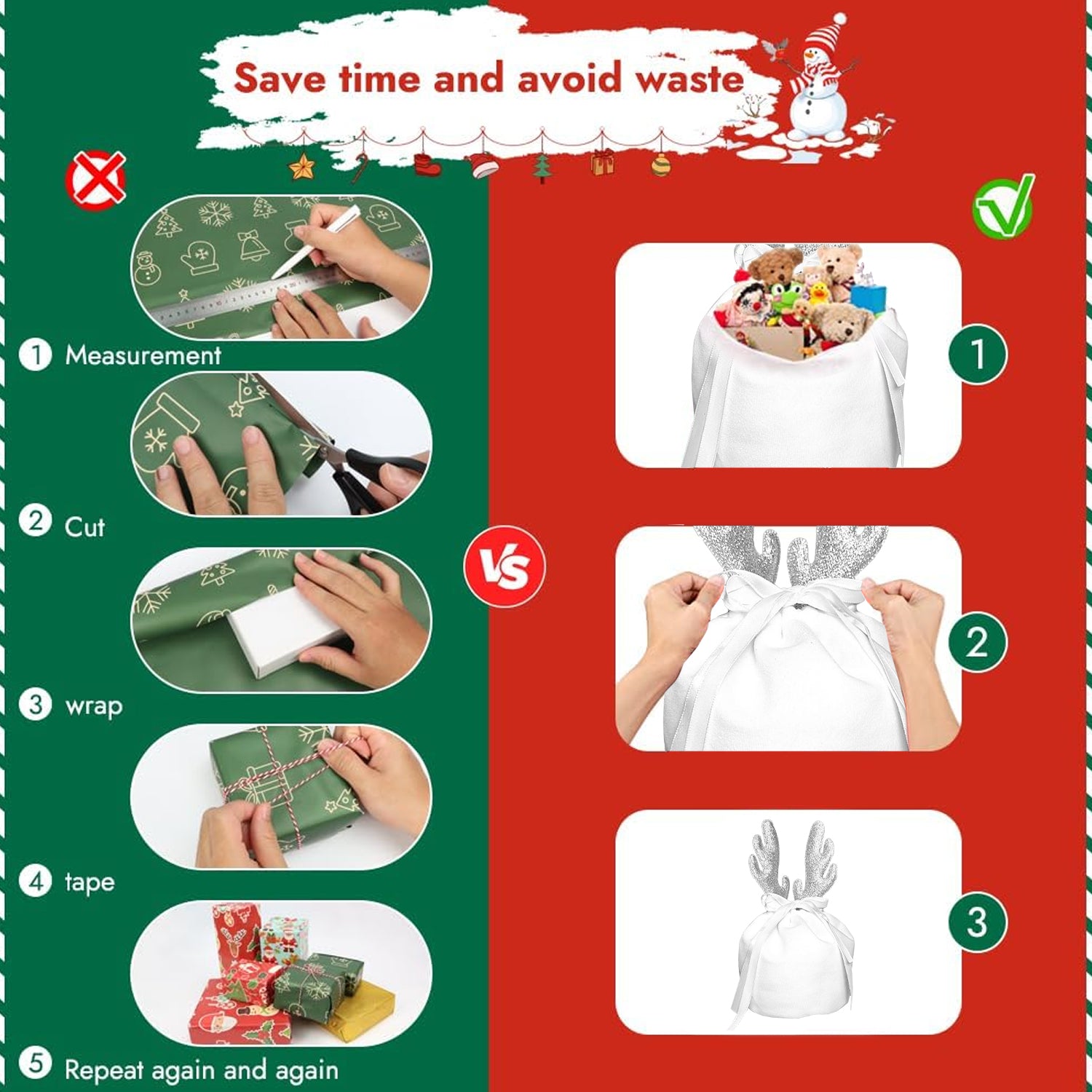 Khaki and white Christmas fabric gift bags with reindeer antlers and ribbon ties