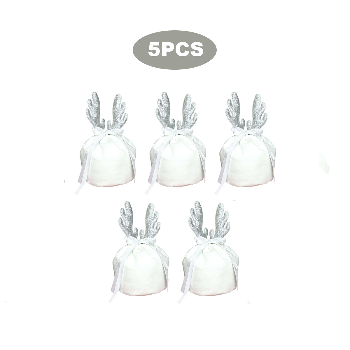 Set of 5 white fabric Christmas gift bags with silver glitter antler decorations and white ribbons