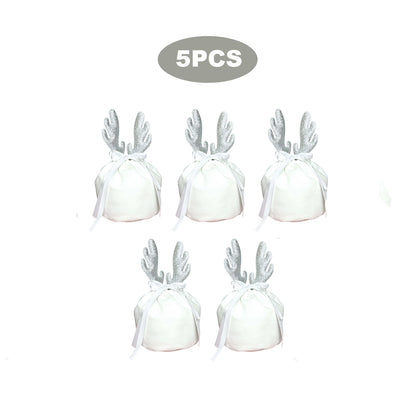 Set of 5 white fabric Christmas gift bags with silver glitter antler decorations and white ribbons