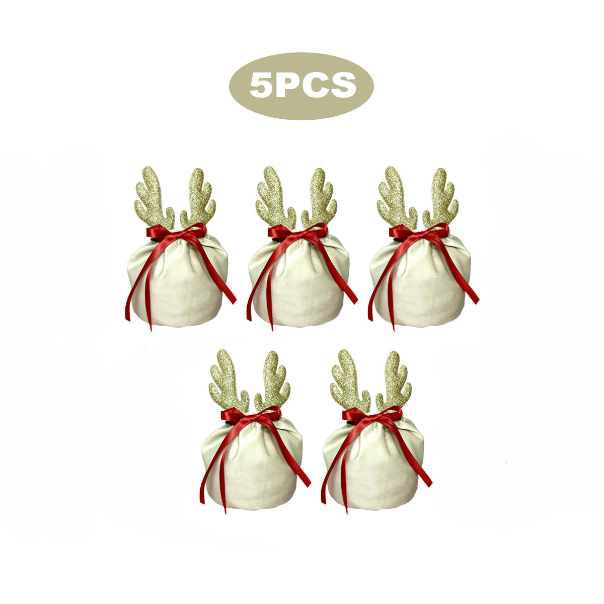 Five khaki fabric Christmas gift bags with gold glitter antlers and red ribbon bows