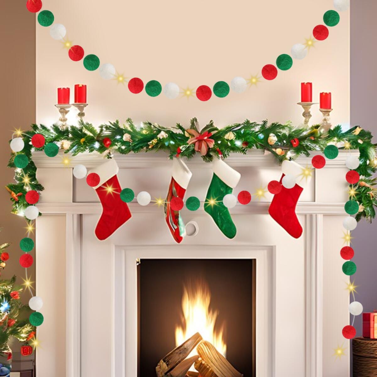 Christmas fireplace decorated with red, green, and white felt ball garlands, stockings, candles, and greenery