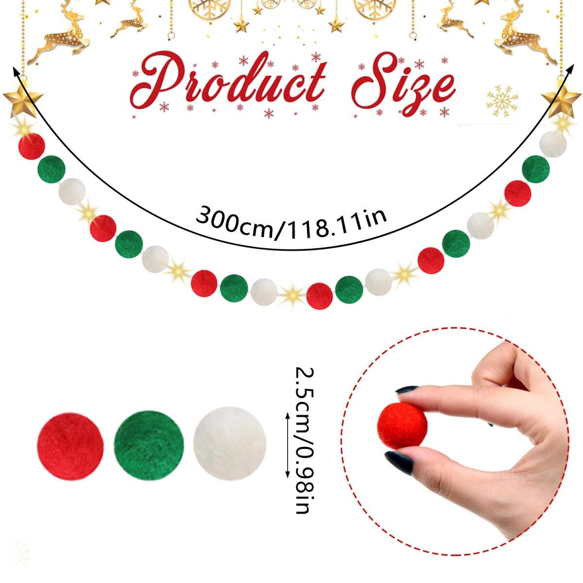 Christmas felt ball garland in red, green, and white, 300cm long with 2.5cm balls