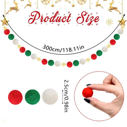 Christmas felt ball garland in red, green, and white, 300cm long with 2.5cm balls