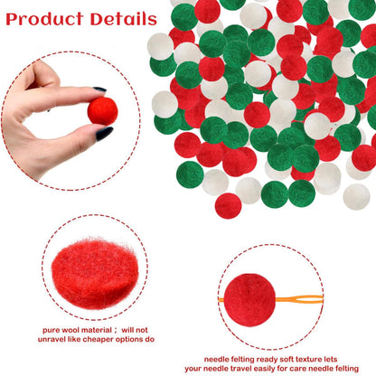 Red, green, and white felt wool balls with close-ups of red wool texture and hand holding ball, holiday decor