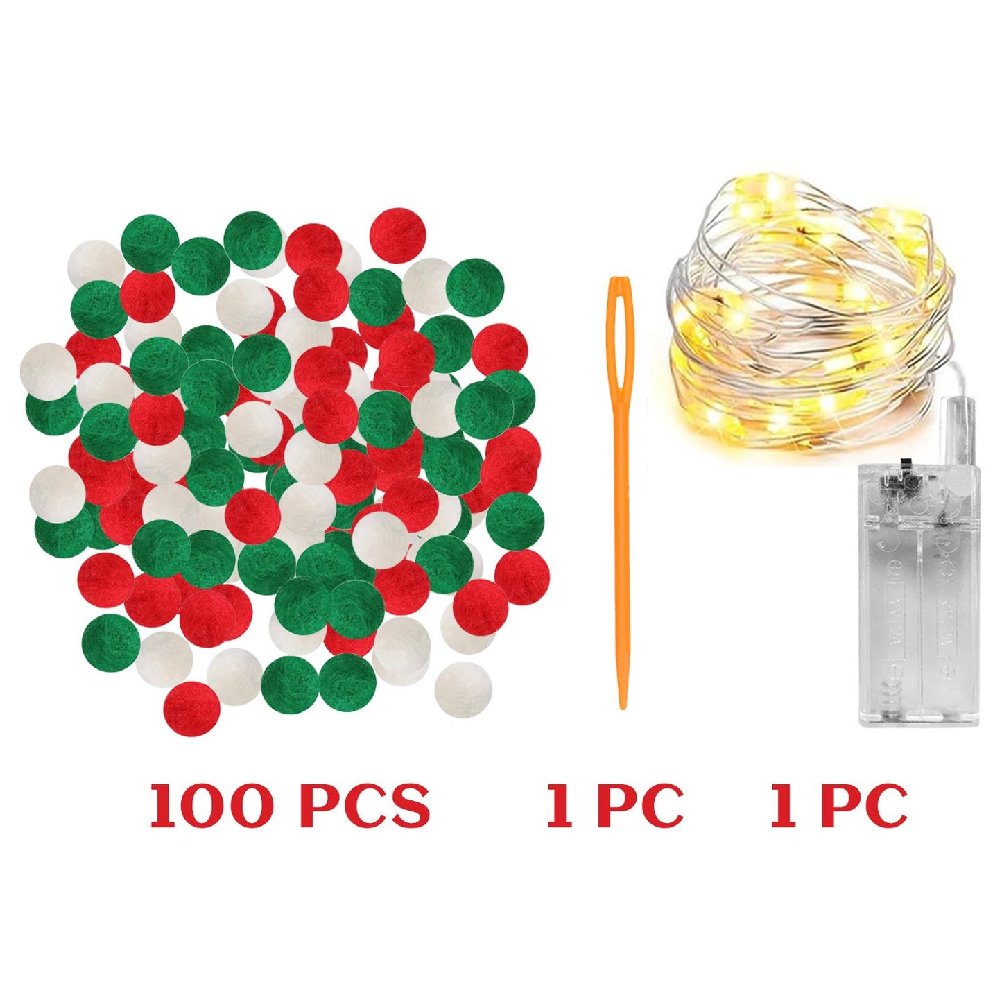 100 red, green, white felt balls, orange threading needle, warm white LED string lights with battery pack