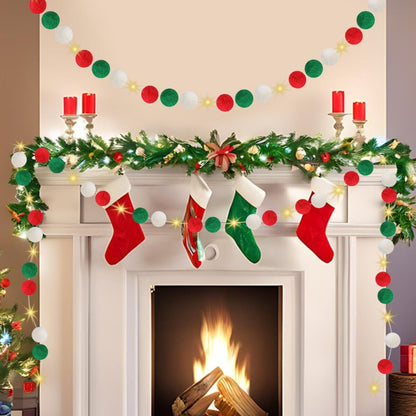 Cozy Christmas mantel with red and green stockings, garland, red candles, and felt ball pom-pom decor
