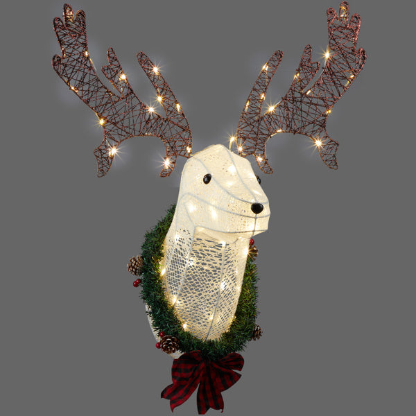 Lighted reindeer head wall decor with warm white LED lights, wreath with pine cones and red plaid bow