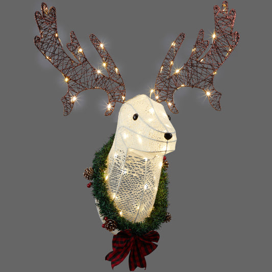 Lighted reindeer head wall decor with warm white LED lights, wreath with pine cones and red plaid bow