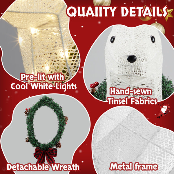 Close-ups of white lighted reindeer head Christmas decor showing cool white lights, hand-sewn tinsel fabric, detachable wreath with red bow, and metal frame