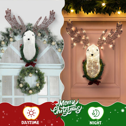Lighted reindeer head Christmas wall decor with warm white LED lights, wreath, and ornaments