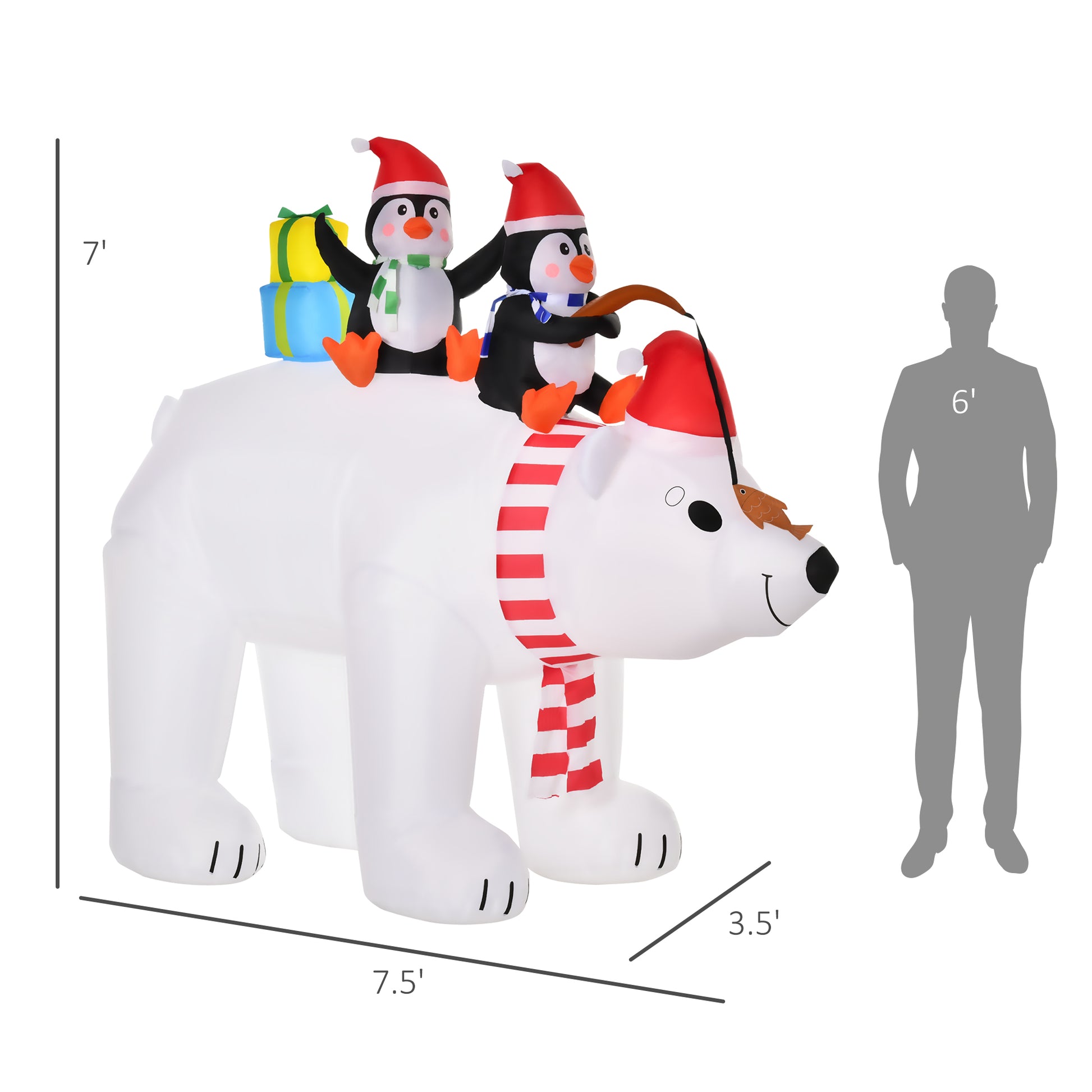 7-foot tall inflatable white polar bear with red striped scarf and Santa hat, carrying two penguins in Santa hats with gifts