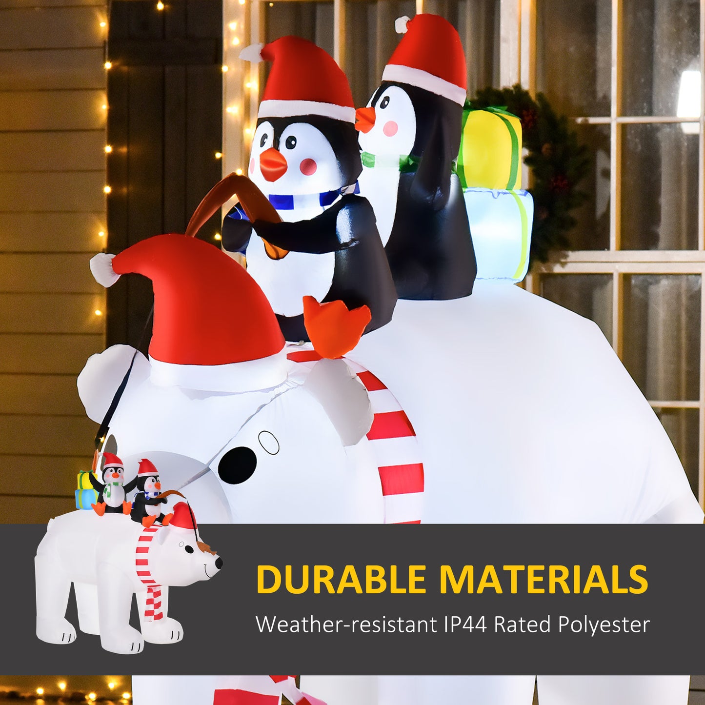 Outdoor Christmas inflatable decoration of a polar bear wearing a Santa hat and scarf with two penguins carrying gifts