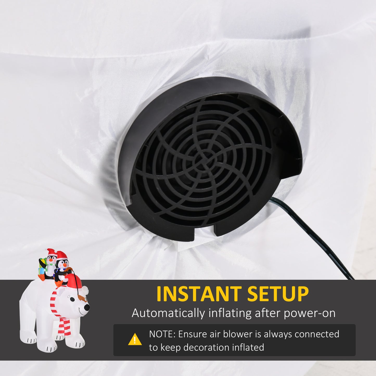 Close-up of black air blower vent attached to white inflatable Christmas bear decoration