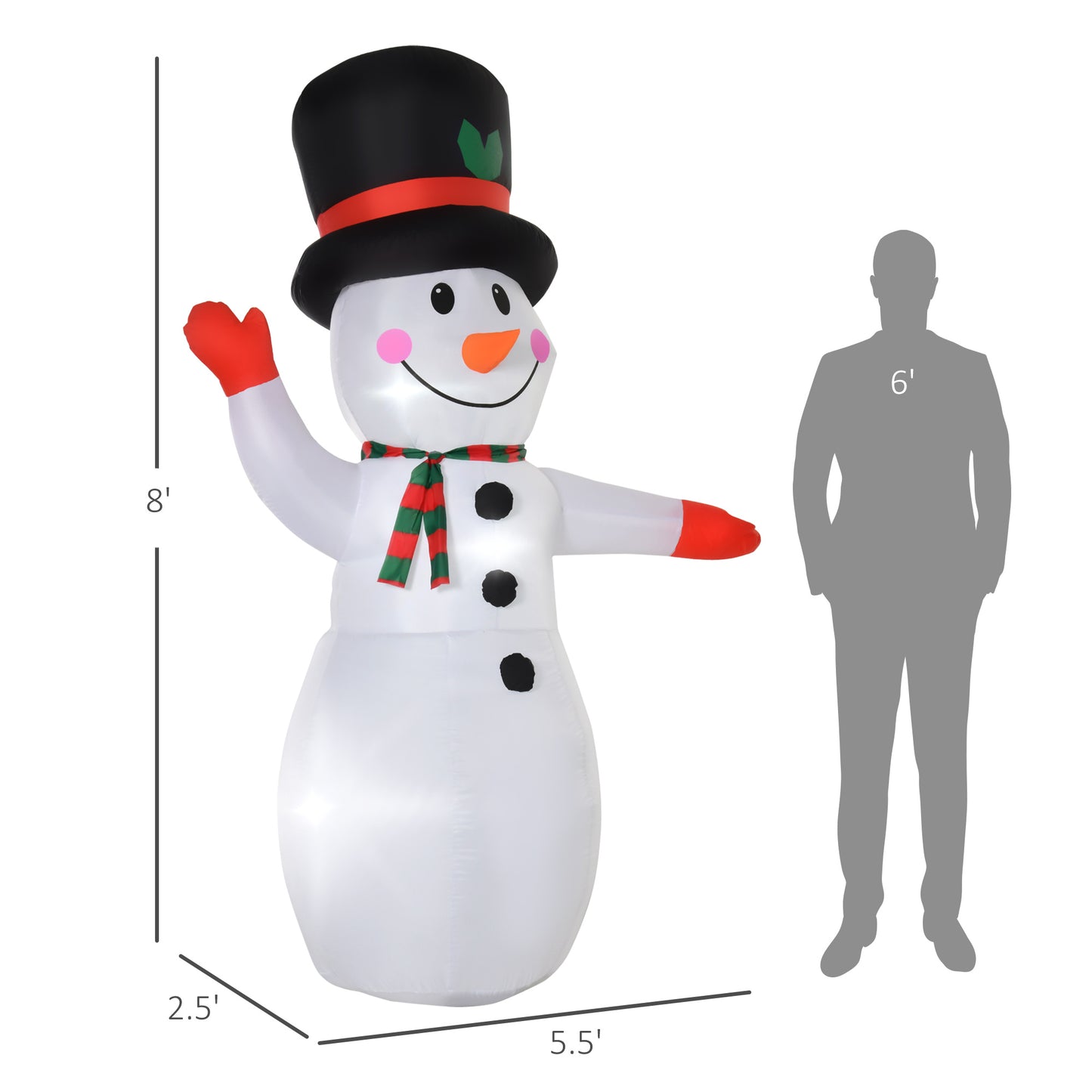 8ft tall inflatable snowman with black top hat, red-green scarf, and red gloves next to 6ft silhouette