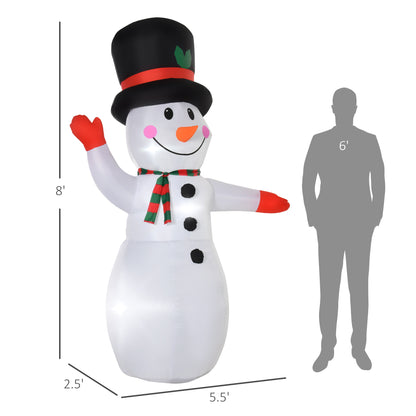 8ft tall inflatable snowman with black top hat, red-green scarf, and red gloves next to 6ft silhouette