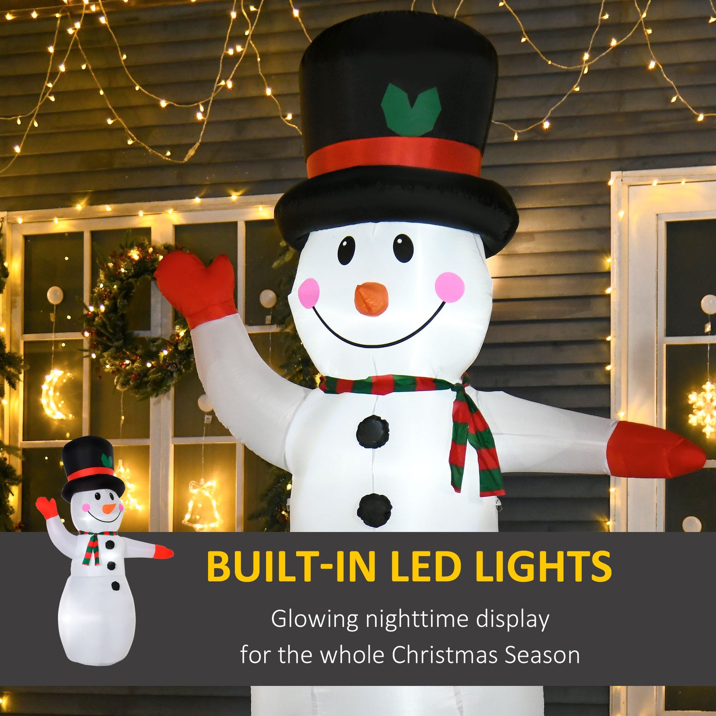 8ft inflatable LED snowman wearing black top hat and red-green scarf in front of holiday-lit window