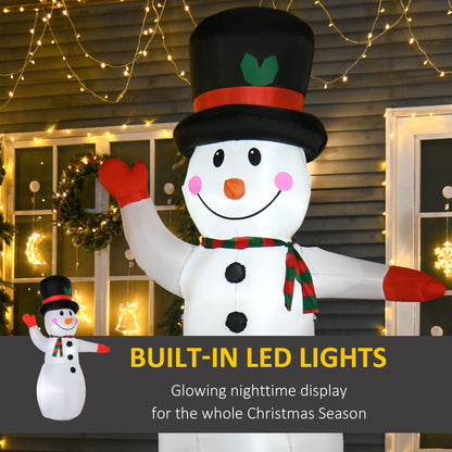 8ft inflatable LED snowman wearing black top hat and red-green scarf in front of holiday-lit window