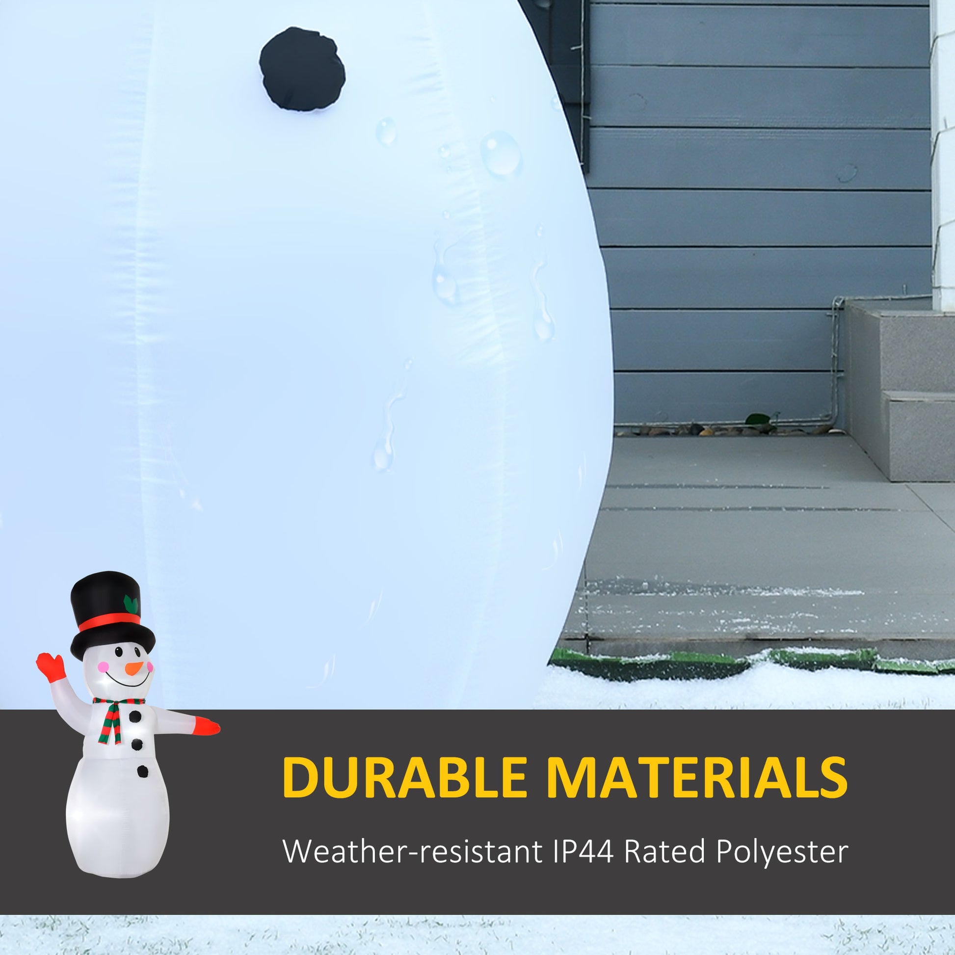Close-up of white inflatable snowman decoration in outdoor patio setting with text overlay on durable weather-resistant materials