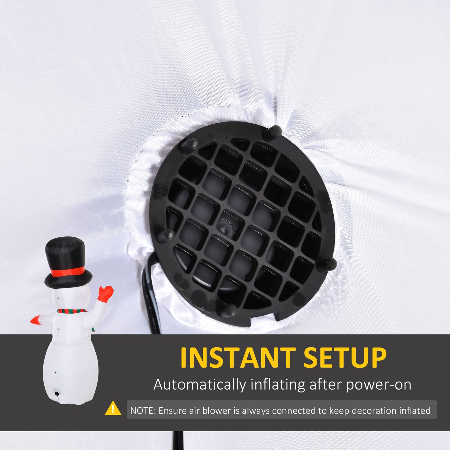 Close-up of black air blower vent on white fabric for instant inflatable snowman decoration setup