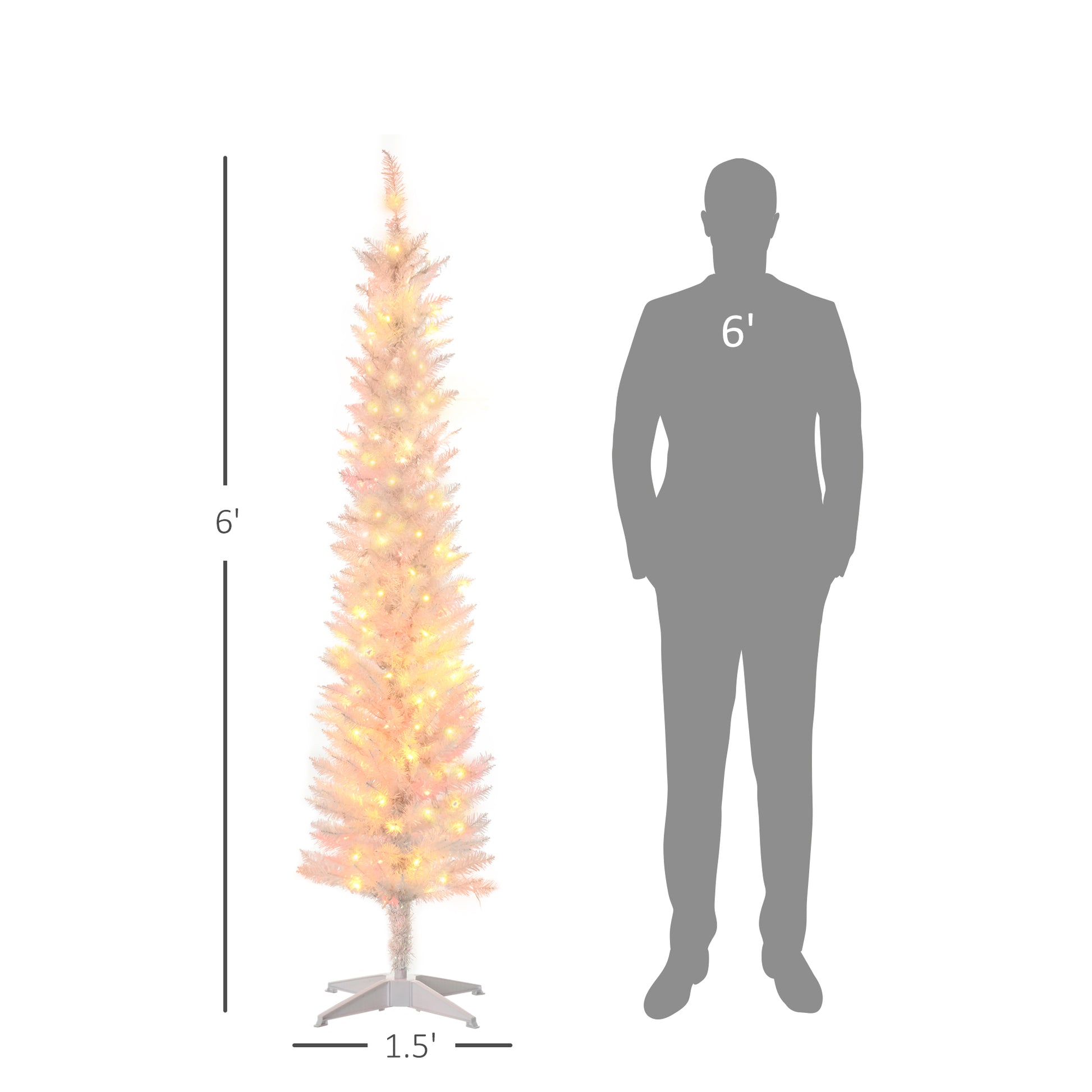 6ft slim white pencil Christmas tree with warm LED lights and metal stand beside 6ft human silhouette