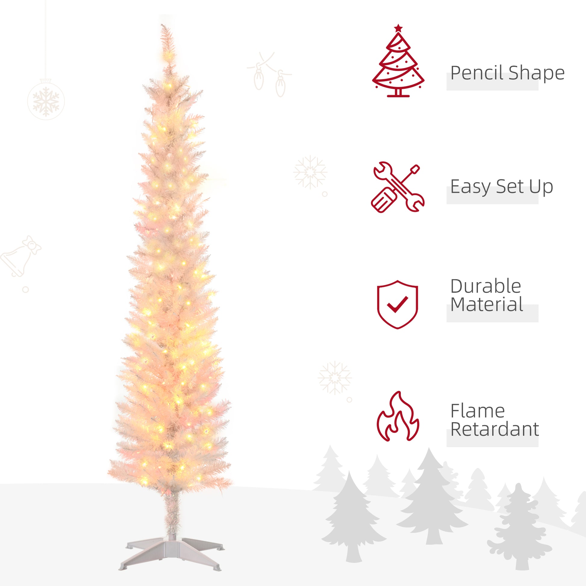 Slender white pencil Christmas tree with warm LED lights, easy setup, durable flame retardant material