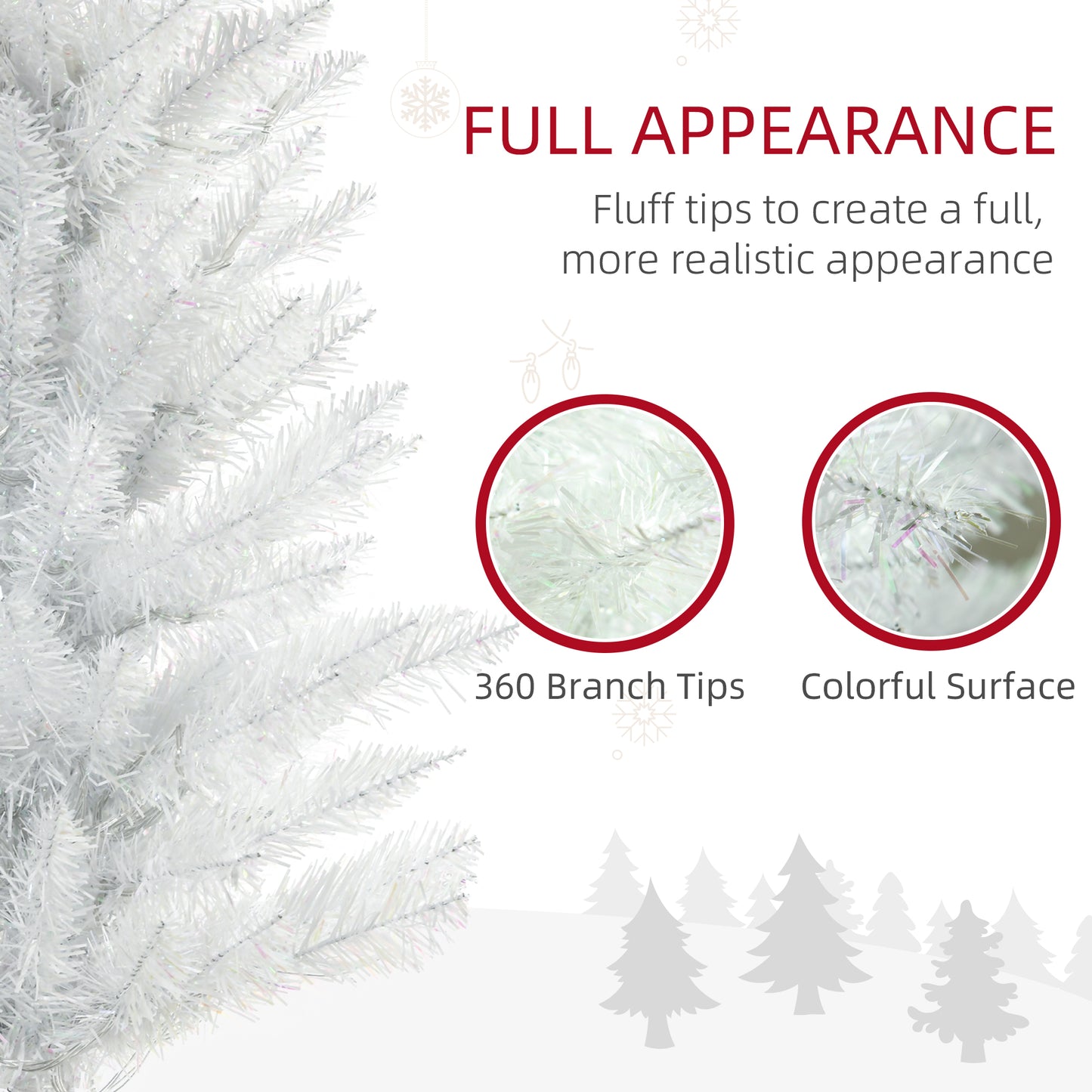 Close-up of white artificial Christmas tree branches with 360-degree tips and colorful surface